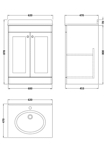 Nuie Classique 600mm Satin Green Floor Standing 2 Door Vanity Unit With Basin and Backsplash