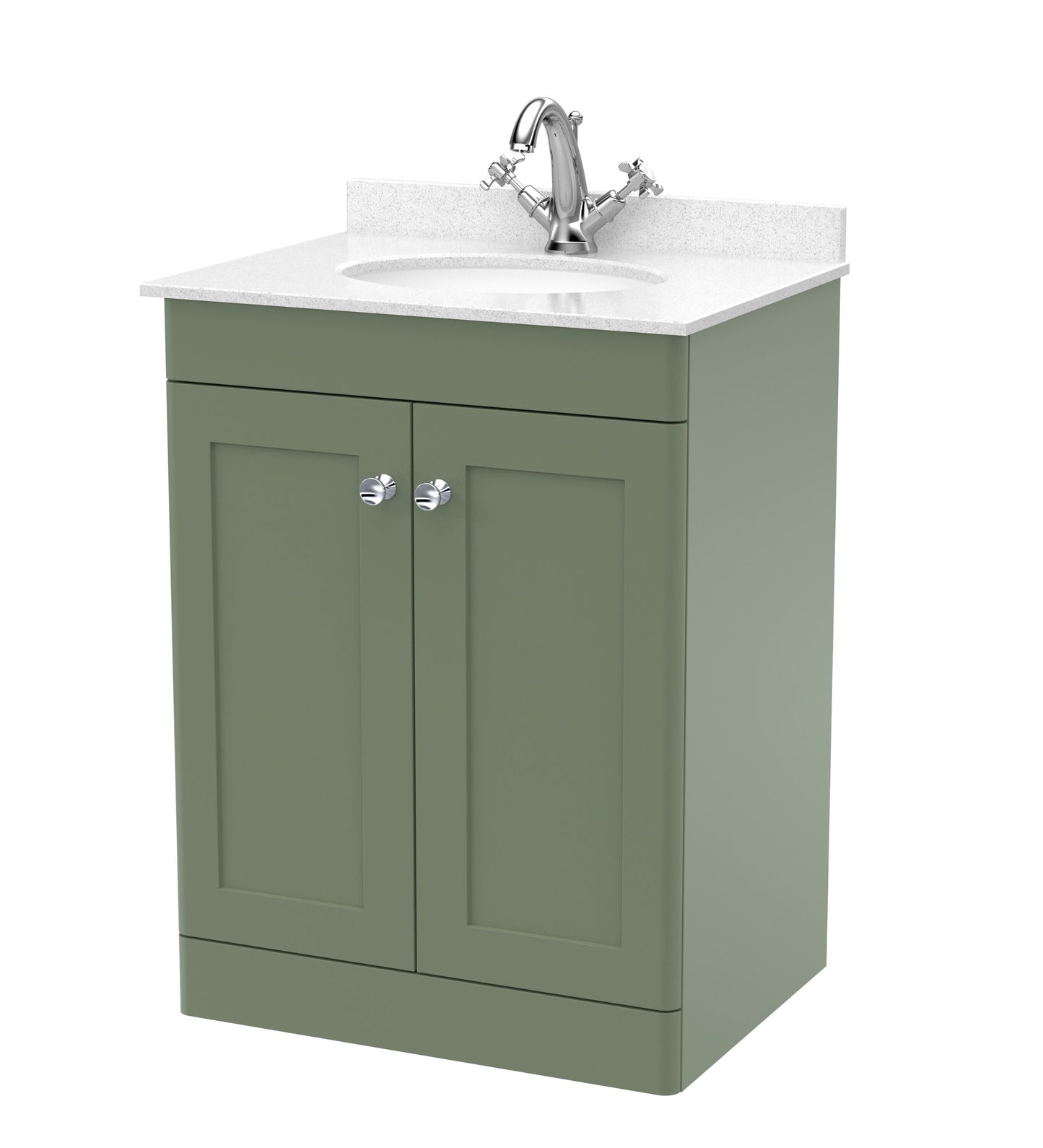 Nuie Classique 600mm Satin Green Floor Standing 2 Door Vanity Unit with Basin, 1 Tap Hole & Soft Close Doors