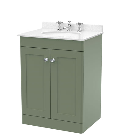 Nuie Classique 600mm Satin Green Floor Standing 2 Door Vanity Unit with 3 Tap Hole Round Basin