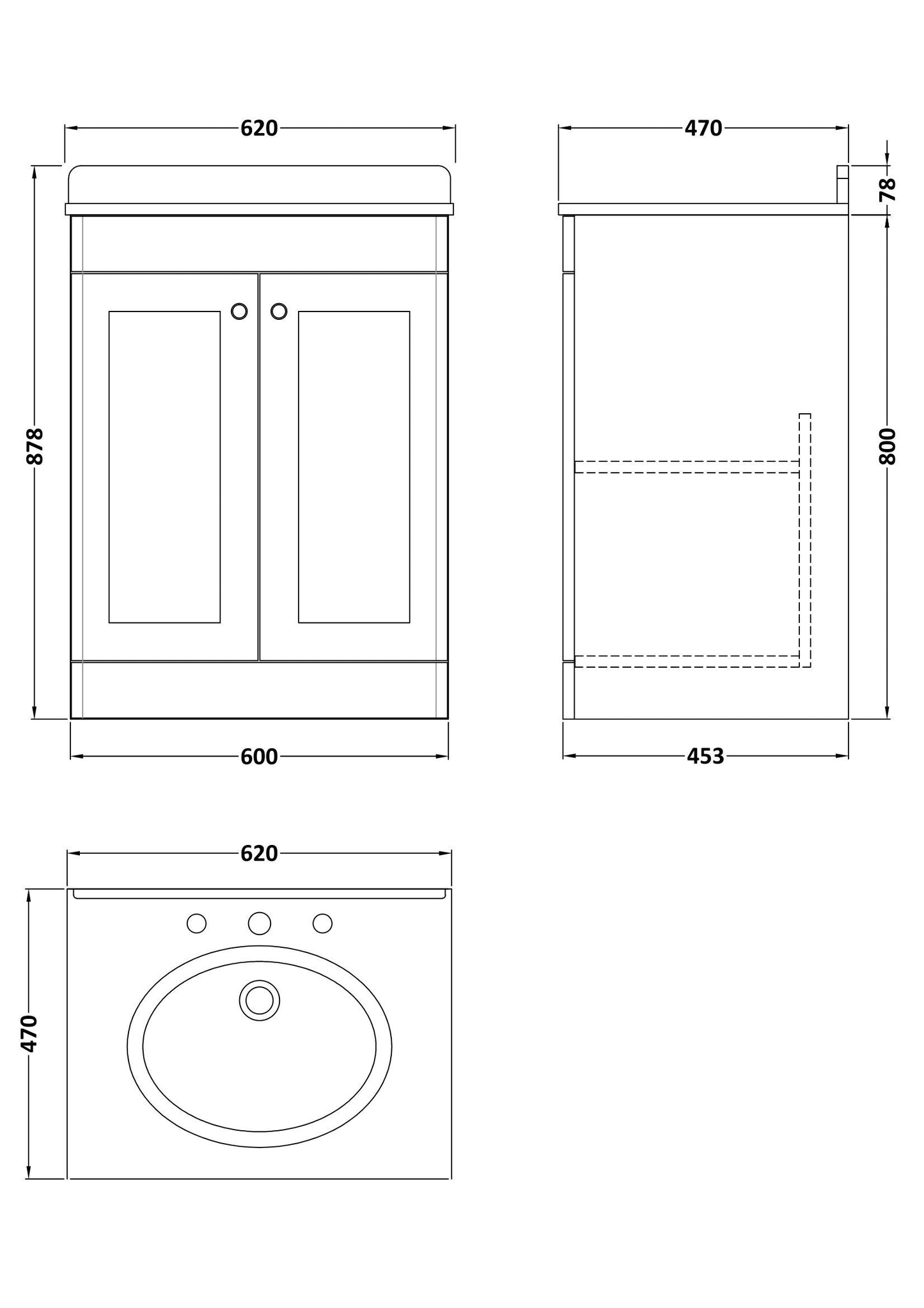Nuie Classique 600mm Satin Green Floor Standing 2 Door Vanity Unit with 3 Tap Hole Round Basin