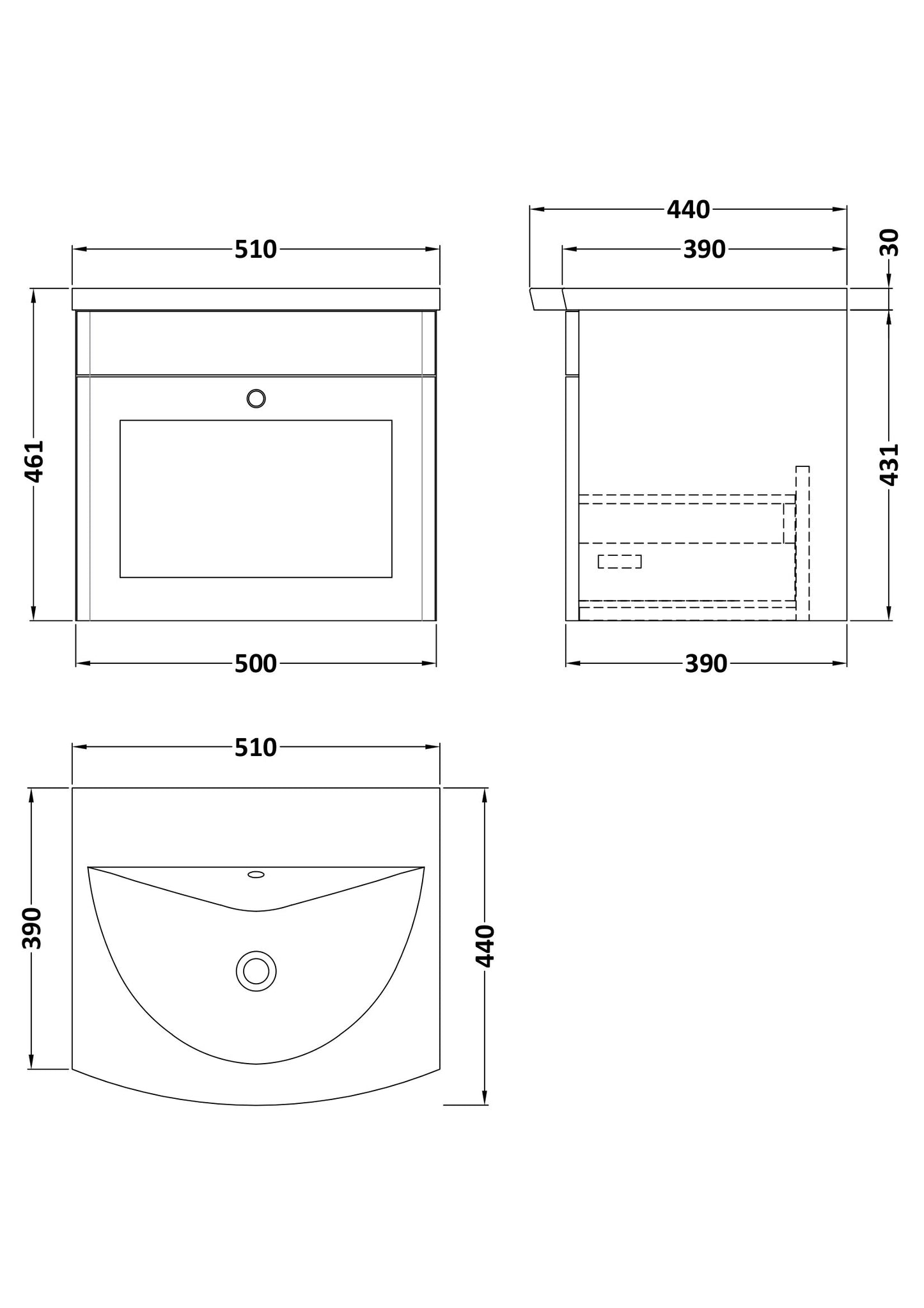 Nuie Classique 500mm Wall Hung 1 Drawer Unit with Curved Basin With Overflow