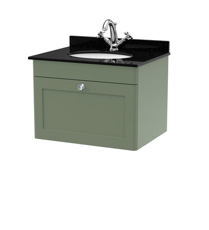 Nuie Classique 600mm Satin Green Wall Hung 1 Drawer Vanity Unit with 1 Tap Hole Marble Top and Basin