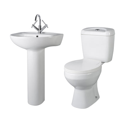 Nuie Contemporary White Toilet & Basin Set with 550mm 1 Tap Hole Full Pedestal Basin & Soft Close Seat