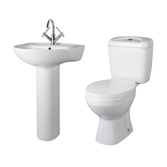 Nuie Contemporary White Toilet & Basin Set with 550mm 1 Tap Hole Full Pedestal Basin & Soft Close Seat
