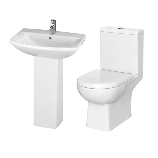 Nuie Asselby Close Coupled Toilet Pan, Cistern, Soft Close Seat & 500mm 1 Tap Hole Basin with Full Pedestal Toilet & Basin Set