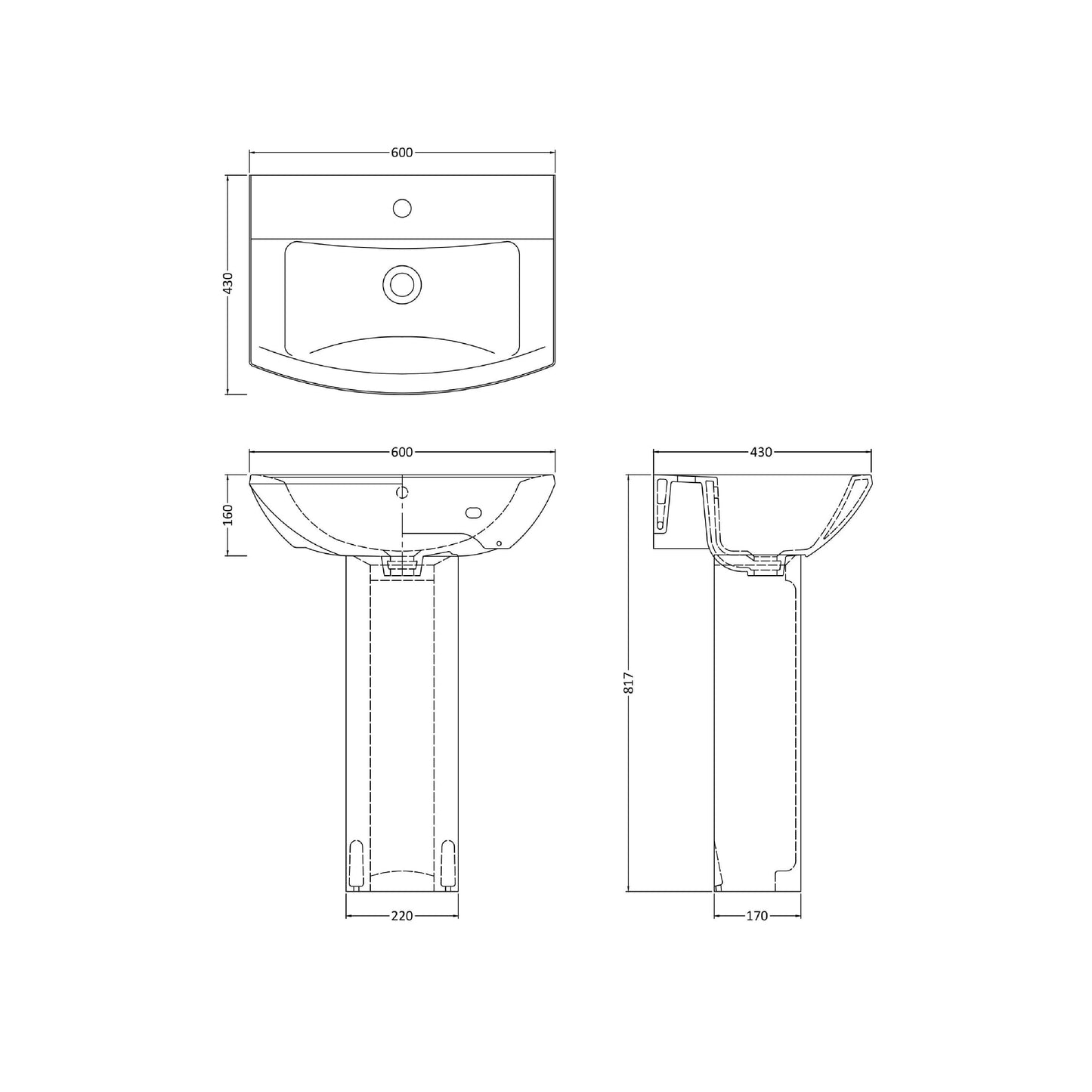 Nuie Contemporary 600mm Square Pedestal Basin