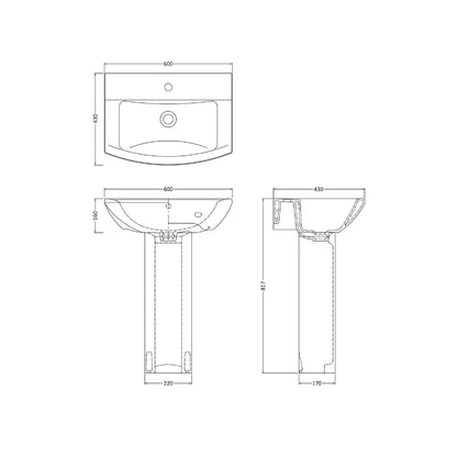 Nuie Contemporary 600mm Square Pedestal Basin