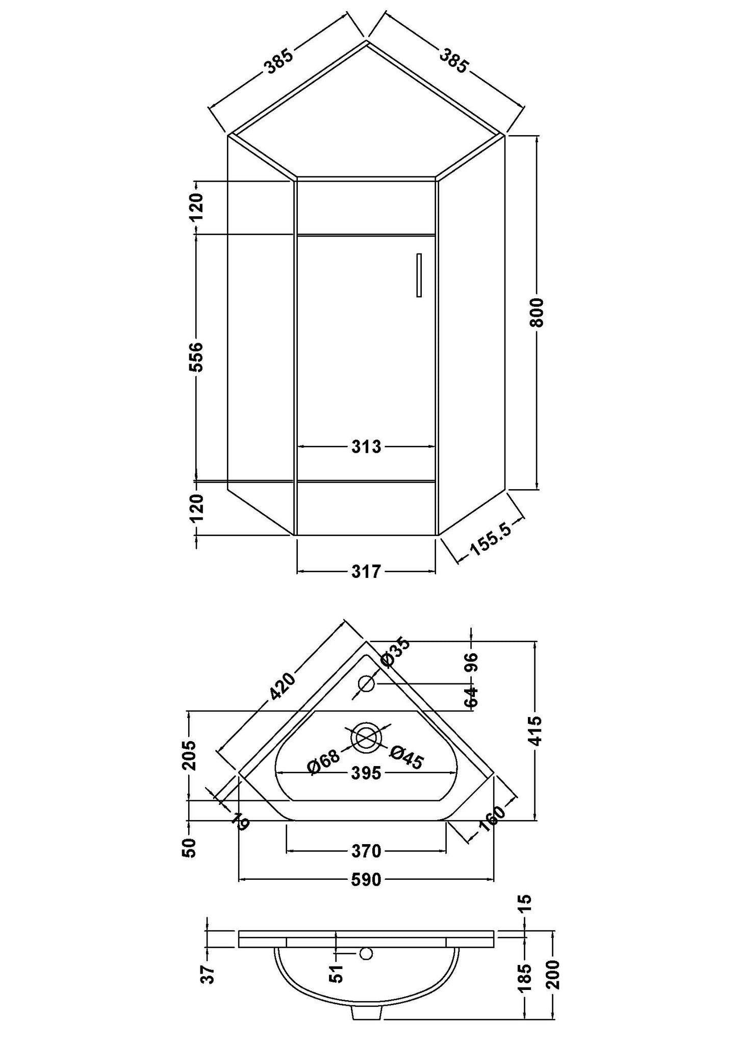 Mayford Floor Standing Single Door Corner Vanity Unit with Ceramic Basin