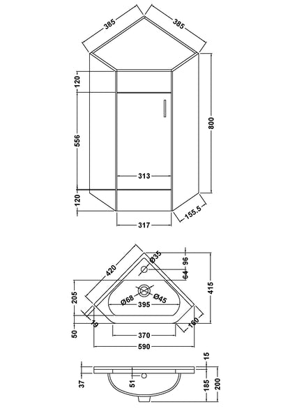 Mayford Floor Standing Single Door Corner Vanity Unit with Ceramic Basin
