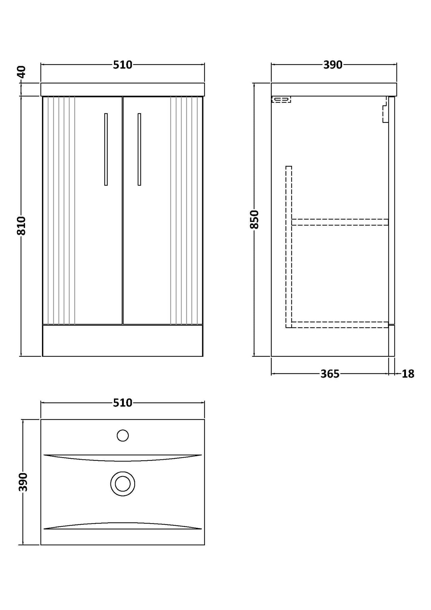 Nuie Deco 500mm Floor Standing 2 Door Vanity & Basin With Chrome Handles