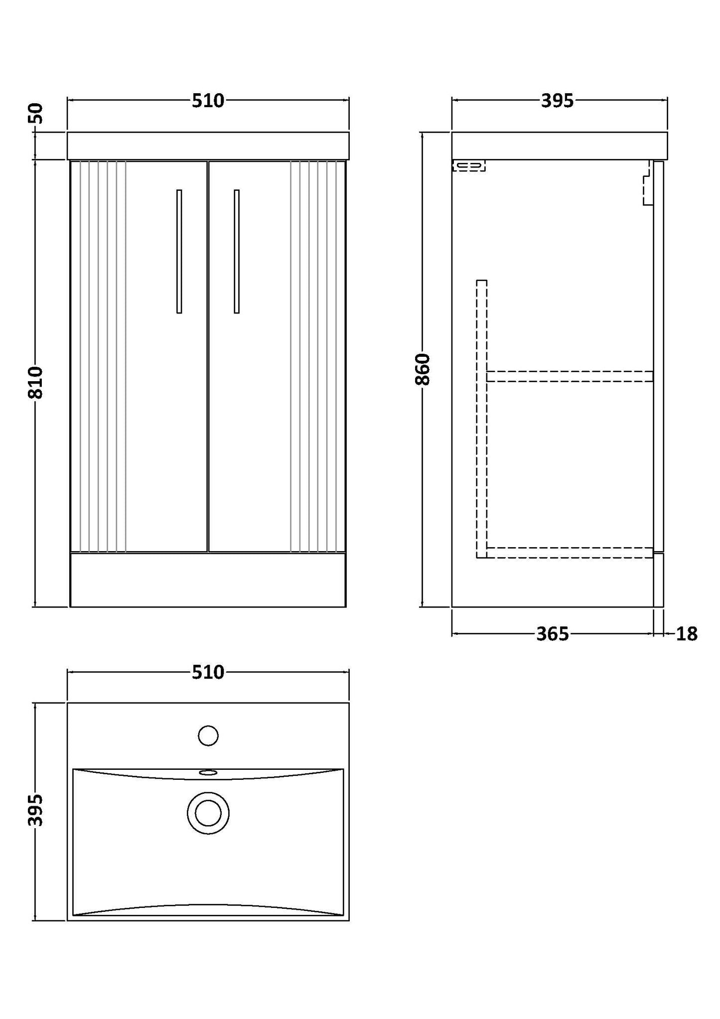 Nuie 500mm Floor Standing 2 Door Vanity & Basin With Chrome Handles