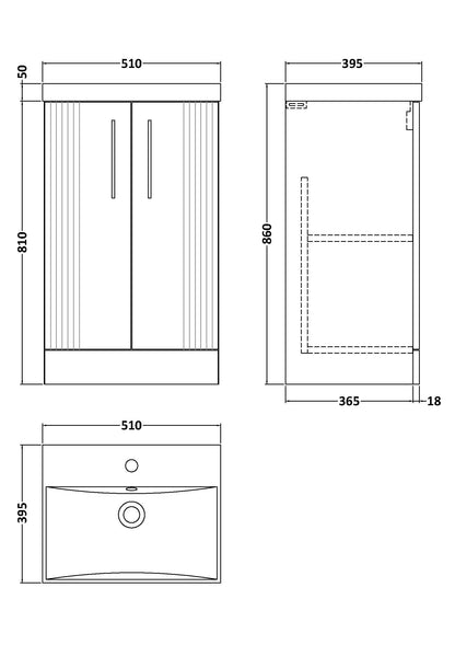 Nuie 500mm Floor Standing 2 Door Vanity & Basin With Chrome Handles