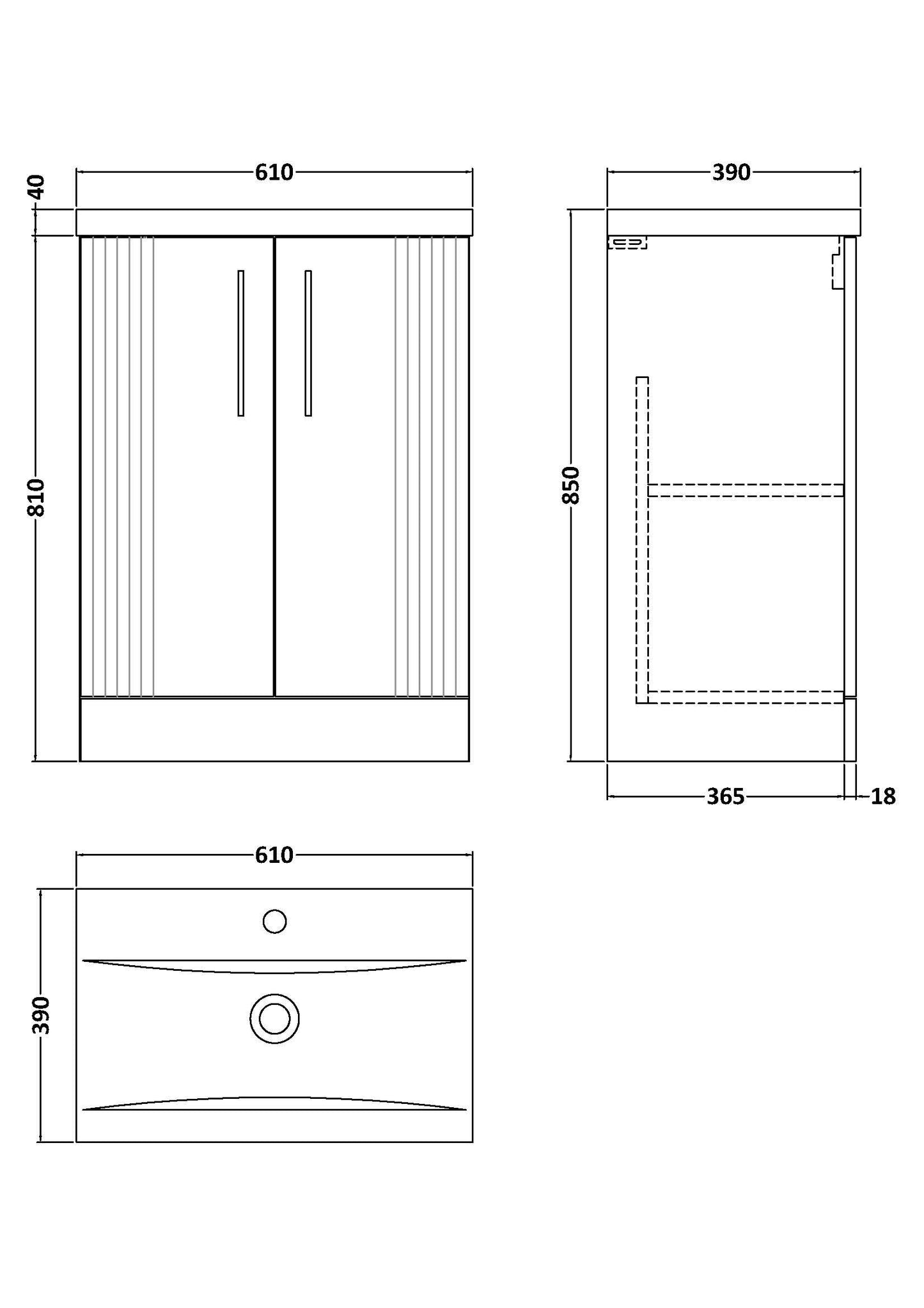 Nuie Deco 600mm Floor Standing 2-Door Vanity Unit with Basin With Chrome Handles