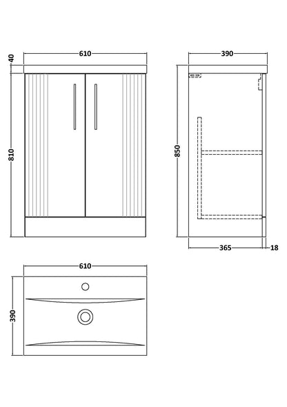 Nuie Deco 600mm Floor Standing 2-Door Vanity Unit with Basin With Chrome Handles