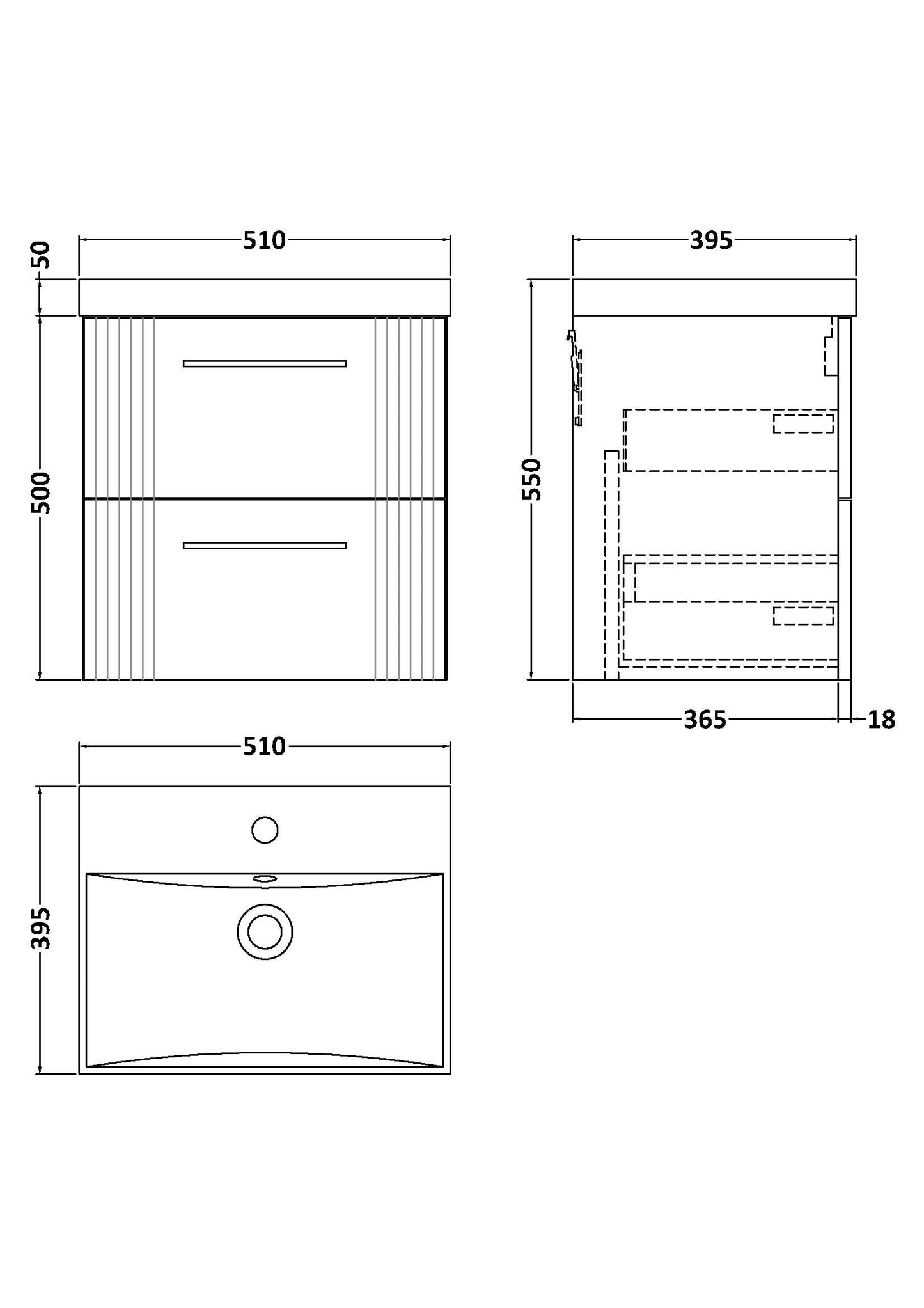 Nuie Deco 500mm Wall Hung 2-Drawer Vanity Unit with Basin and Chrome Handles