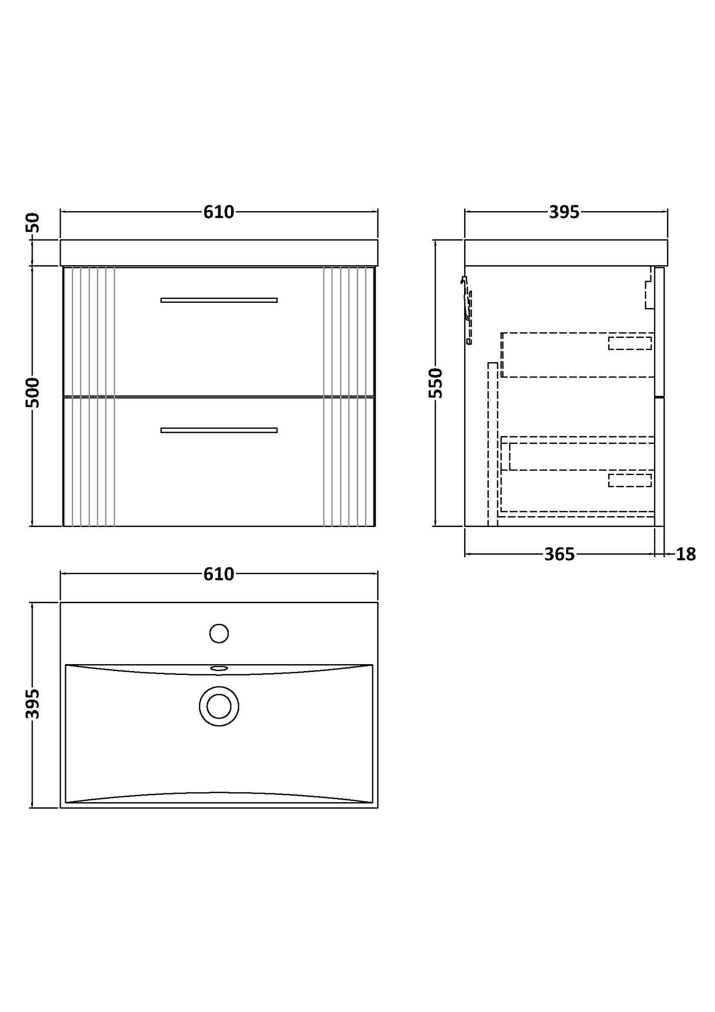 Nuie Deco 600mm Soft Black Wall Hung 2-Drawer Vanity Unit With Thin-Edge Basin