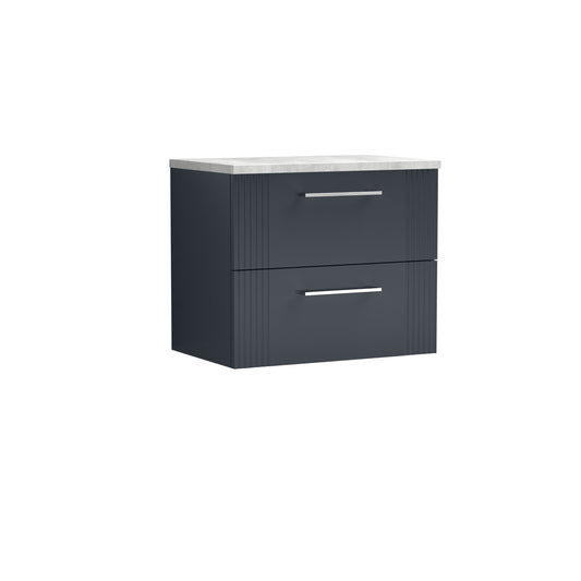 Nuie 600mm Soft Black Part Fluted Wall Hung 2-Drawer Vanity With Chrome Handles & Laminate Top