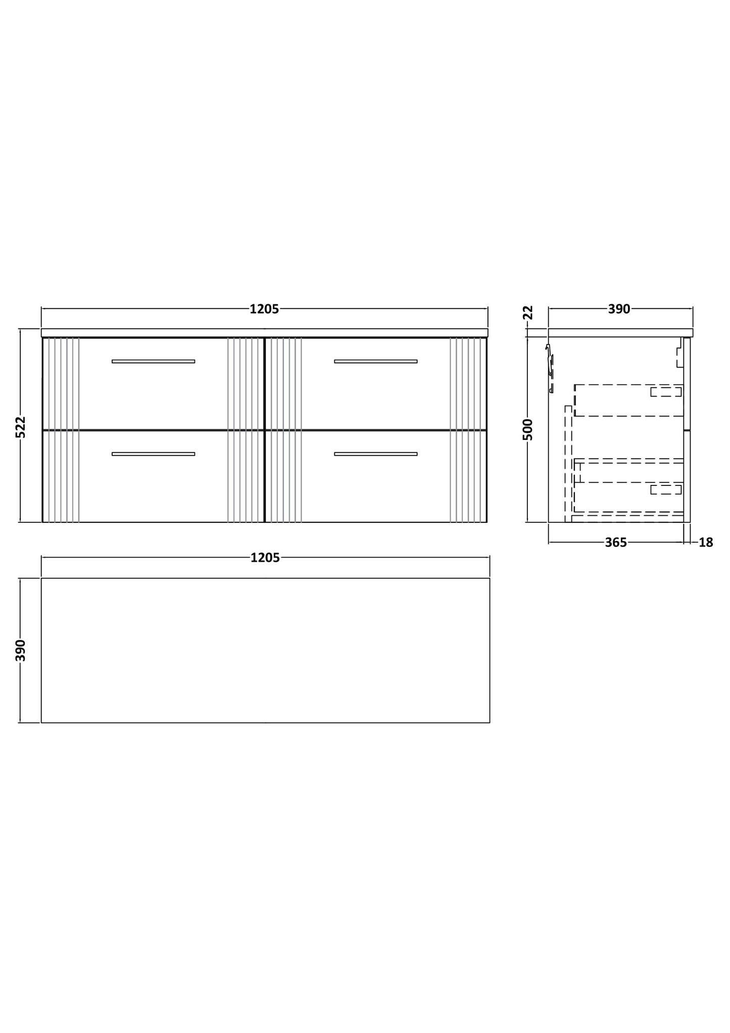 Nuie 1215mm Wall Hung 4-Drawer Vanity Unit With Laminate Worktop