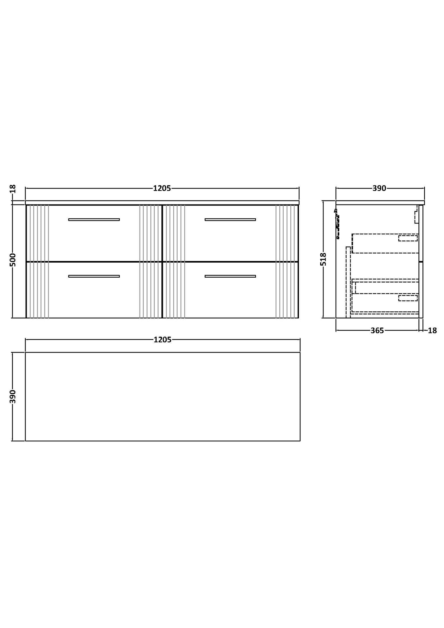 Nuie 1200mm Wall Hung 4-Drawer Vanity With Worktop & Chrome Handles