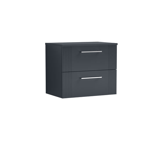 Nuie 600mm Soft Black Part Fluted Wall Hung 2-Drawer Vanity & Worktop With Chrome Handles
