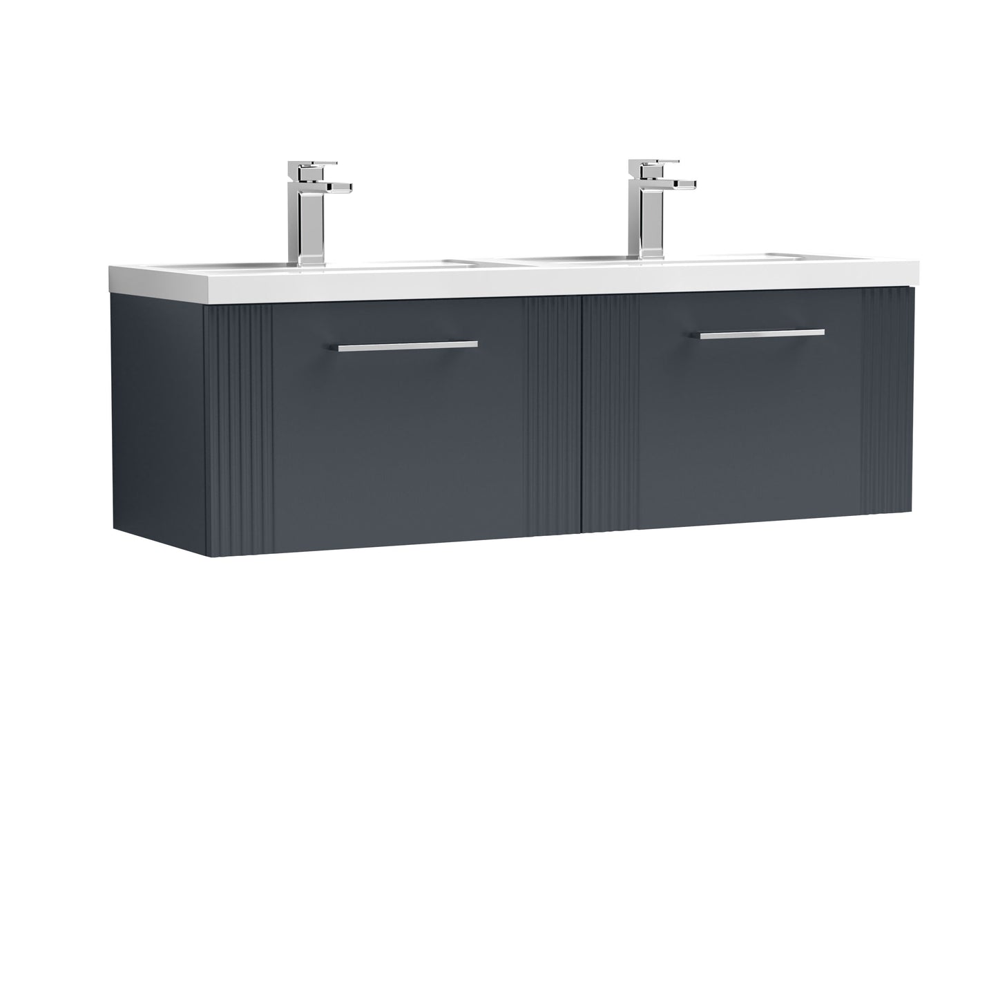 Nuie Deco 1200mm Soft Black Wall Hung 2-Drawer Double Basin Vanity Unit With Chrome Handles & White Basins