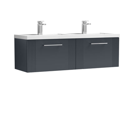 Nuie Deco 1200mm Soft Black Wall Hung 2-Drawer Double Basin Vanity Unit With Chrome Handles & White Basins