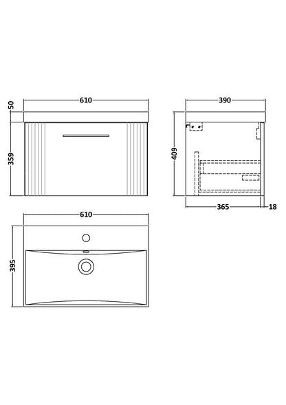 Nuie Deco 600mm Soft Black Wall Hung Single Drawer Vanity Unit with Basin & Chrome Handles