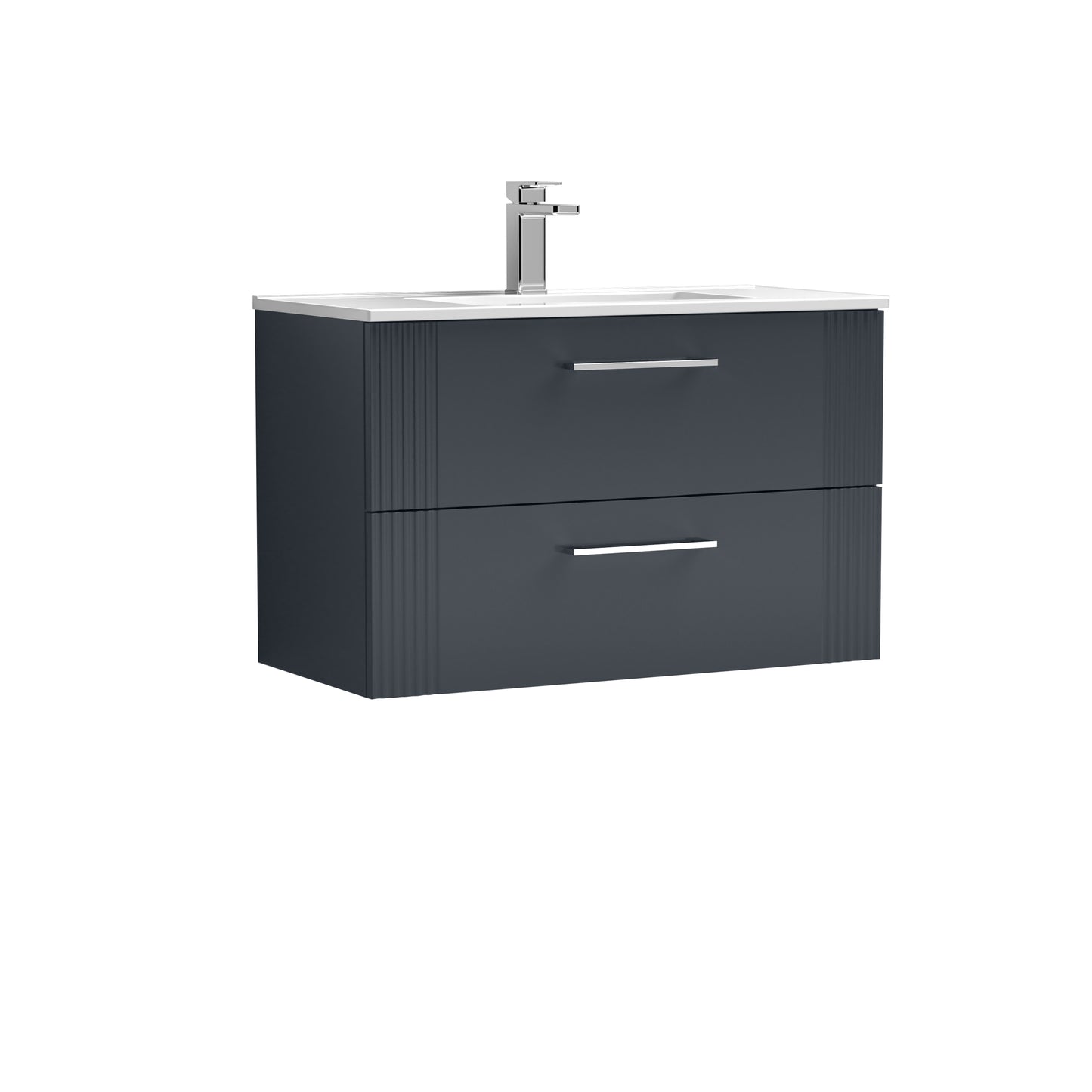 Nuie 800mm Soft Black Fluted Wall Hung 2-Drawer Vanity Unit with White Ceramic Basin With Chrome Handles