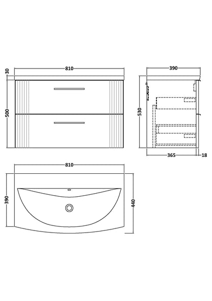 Nuie 800mm Soft Black Part Fluted Wall Hung 2-Drawer Vanity Unit & Curved Basin With Chrome Handles