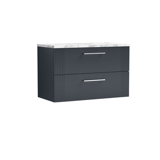 Nuie 805mm Part Fluted Soft Black Wall Hung 2-Drawer Vanity Unit With Laminate Worktop & Handles