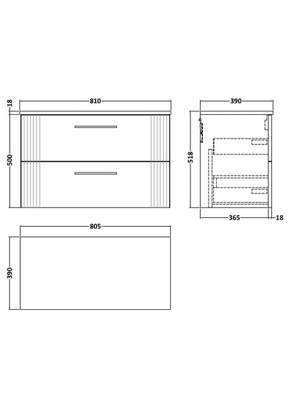Nuie Deco 800mm Soft Black Wall Hung 2-Drawer Vanity With Worktop & Chrome Handles
