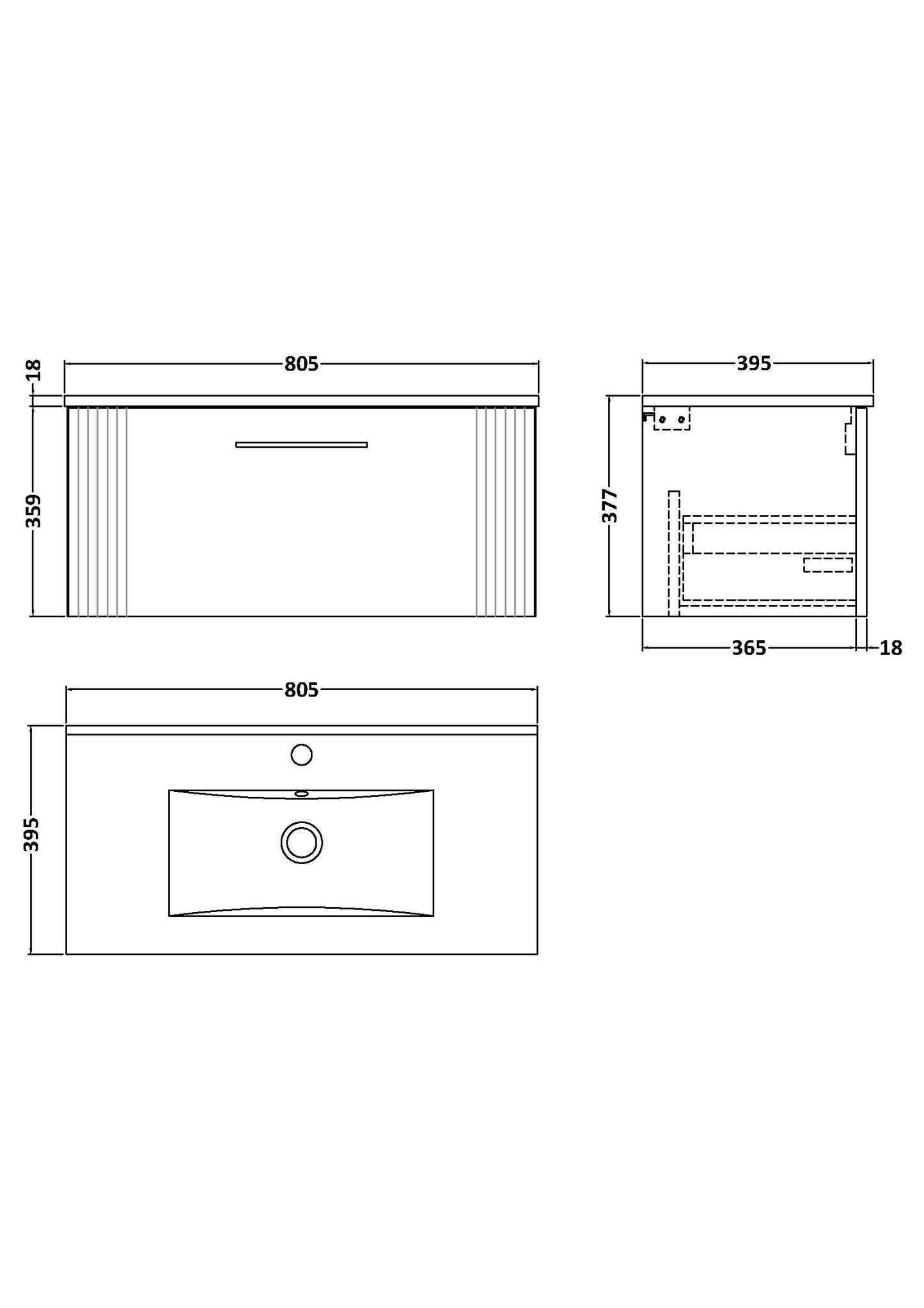 Nuie 805mm Soft Black Art Deco Wall Hung Single Drawer Vanity Unit With White Ceramic Basin
