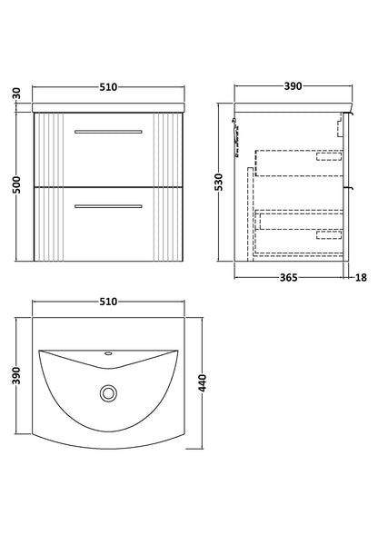 Nuie Deco 510mm Satin White Wall Hung 2-Drawer Vanity Unit with Curved Basin & Chrome Handles
