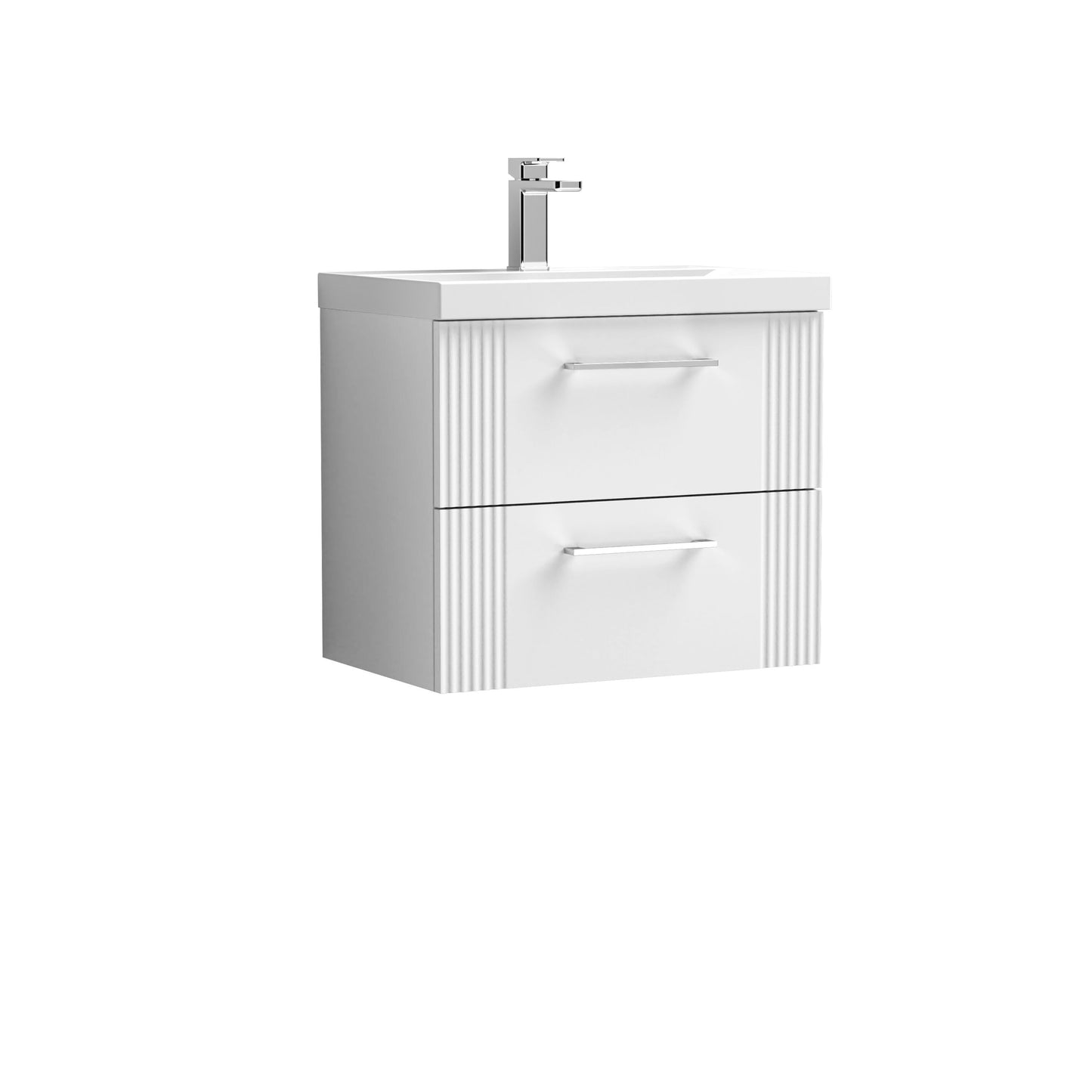 Nuie Deco 600mm Satin White Wall Hung 2-Drawer Vanity Unit & Basin With Chrome Handles