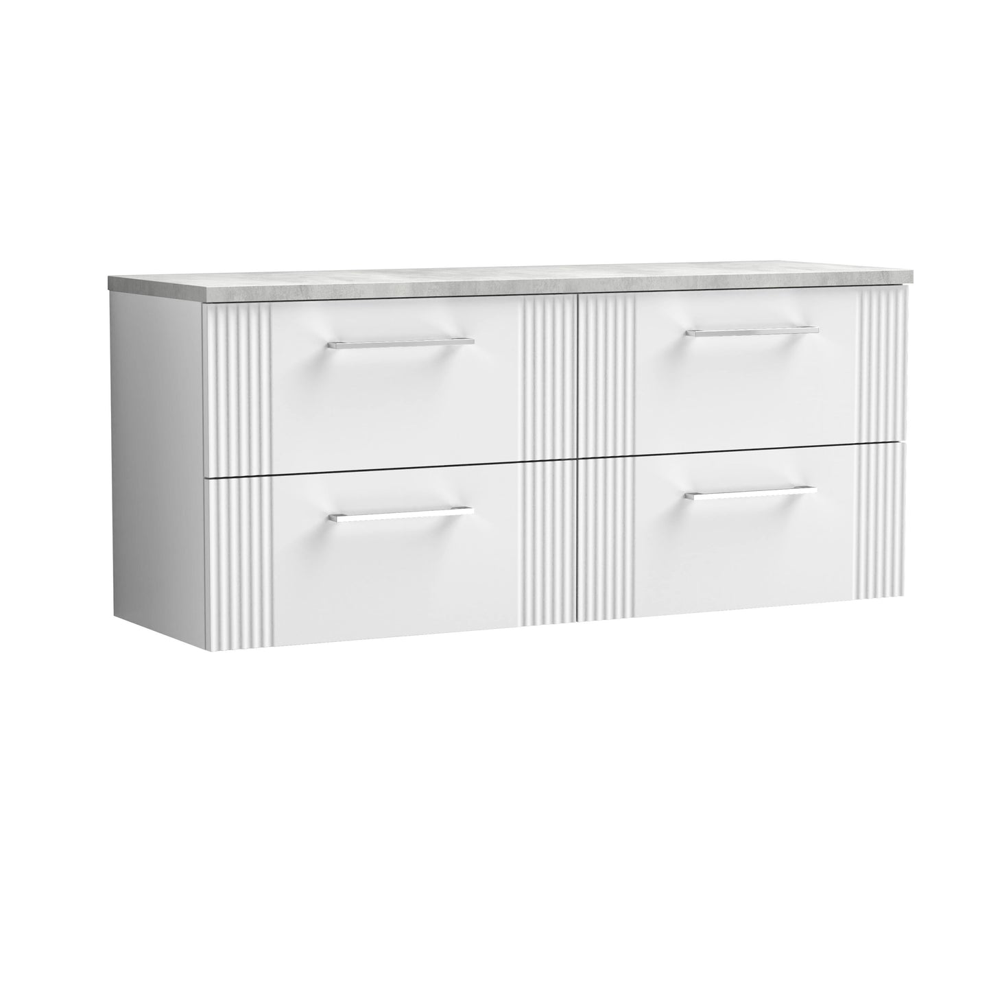 Nuie 1200mm Satin White Part Fluted Wall Hung 4-Drawer Vanity Unit With Laminate Worktop