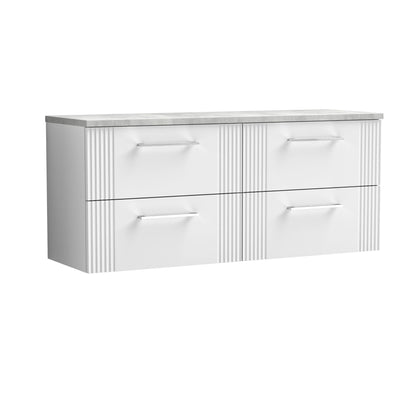Nuie 1200mm Satin White Part Fluted Wall Hung 4-Drawer Vanity Unit With Laminate Worktop