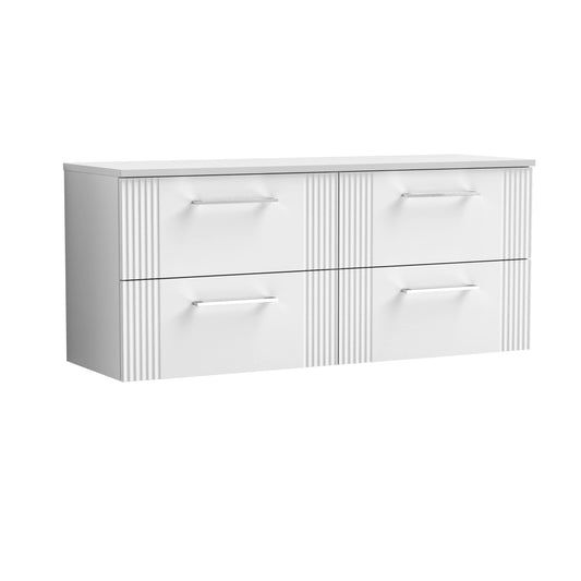 Nuie Deco 1200mm Satin White Wall Hung 4-Drawer Vanity & Worktop With Chrome Handles