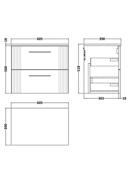 Nuie Art Deco 600mm Wall Hung 2-Drawer Vanity & Worktop With Chrome Handles