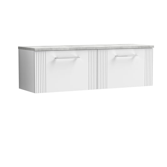Nuie 1200mm Satin White Part Fluted Wall Hung 2-Drawer Vanity Unit With Laminate Worktop
