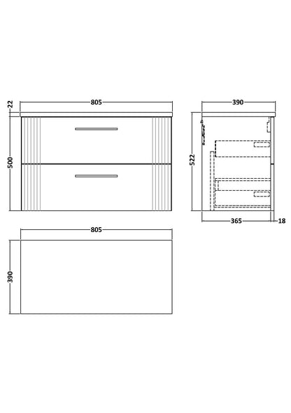Nuie 800mm Wall Hung 2-Drawer Vanity Unit With Laminate Worktop