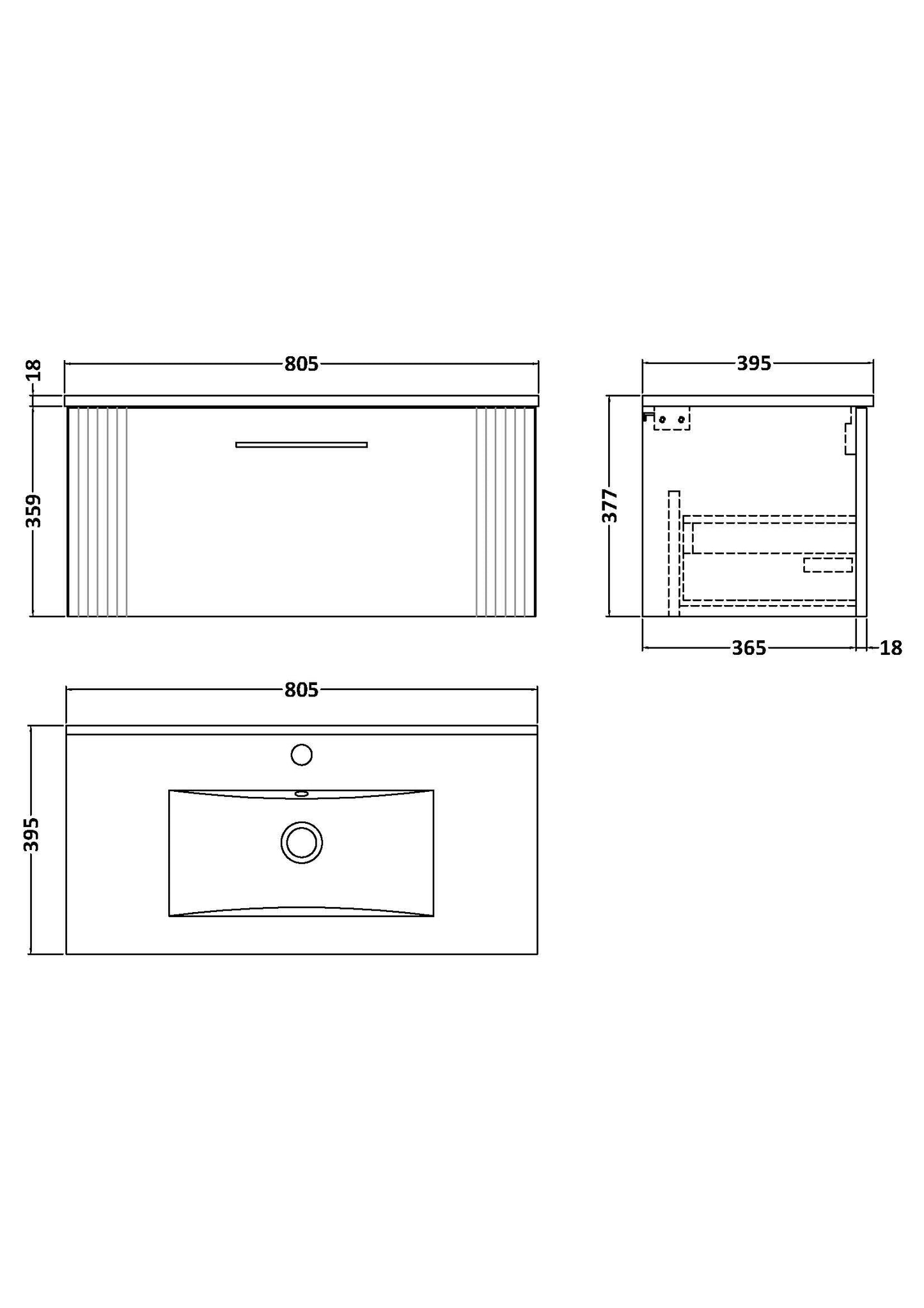 Nuie Deco 800mm Wall Hung Vanity Unit & Basin With Chrome Handles