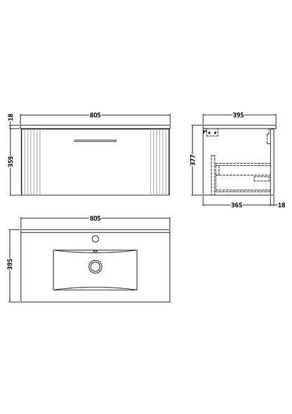 Nuie Deco 800mm Wall Hung Vanity Unit & Basin With Chrome Handles