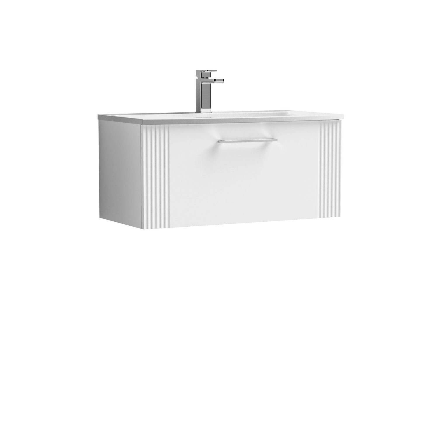 Nuie 800mm Satin White Wall Hung Single Drawer Vanity Unit With Curved Basin & Chrome Handles