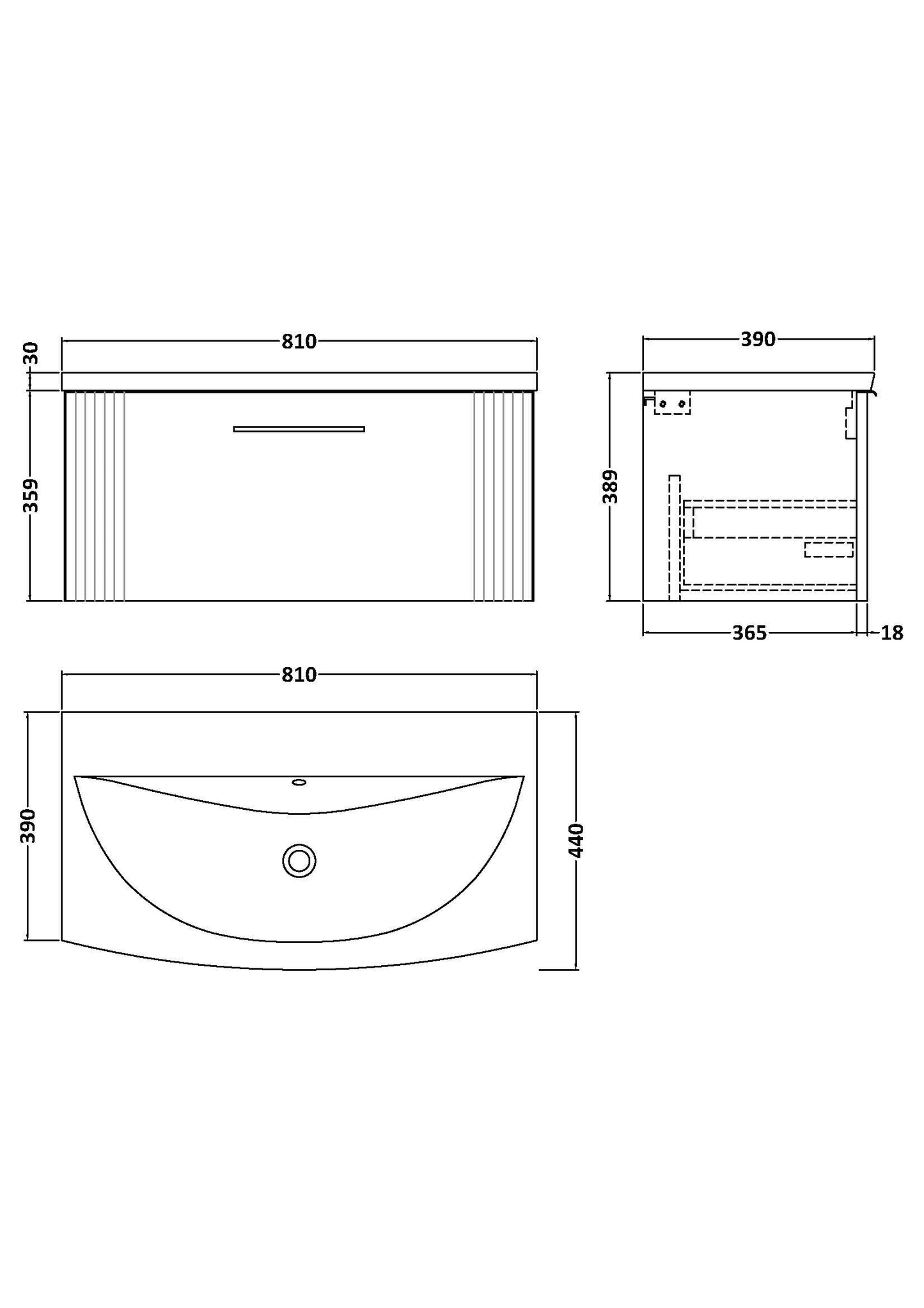 Nuie 800mm Satin White Wall Hung Single Drawer Vanity Unit With Curved Basin & Chrome Handles
