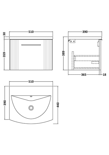 Nuie 500mm Satin Grey Part Fluted Wall Hung Single Drawer Vanity Unit & Basin with Chrome Handle