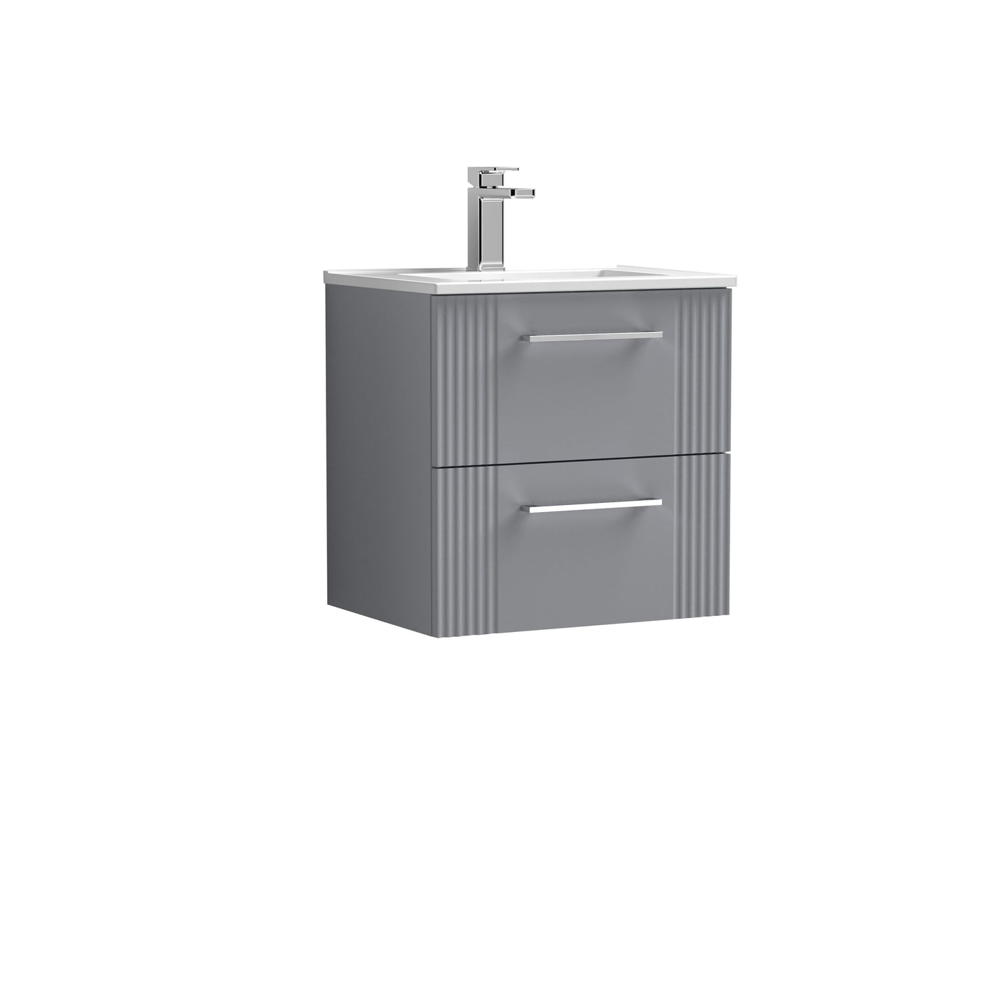 Nuie 500mm Satin Grey Part Fluted Wall Hung 2-Drawer Vanity Unit with Basin With Chrome Handles