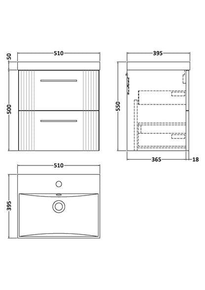 Nuie 500mm Part Fluted Satin Grey Wall Hung 2-Drawer Vanity Unit with Basin & Chrome Handles