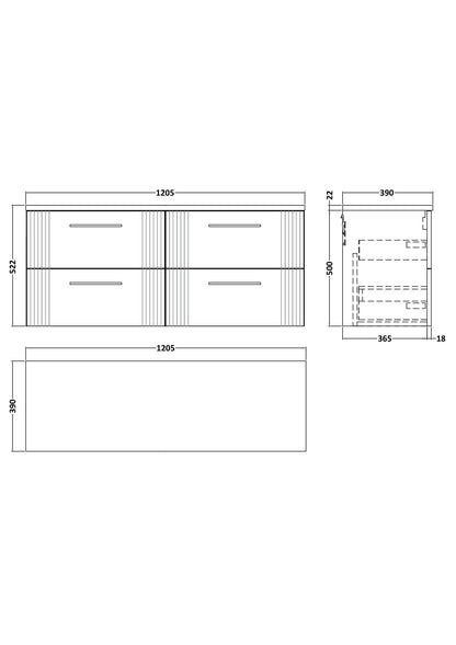 Nuie 1200mm Satin Grey Part Fluted Wall Hung 4-Drawer Vanity Unit With Laminate Worktop