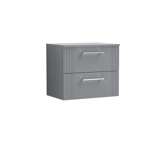 Nuie 600mm Part Fluted Satin Grey Wall Hung 2-Drawer Vanity & Worktop With Chrome Handles