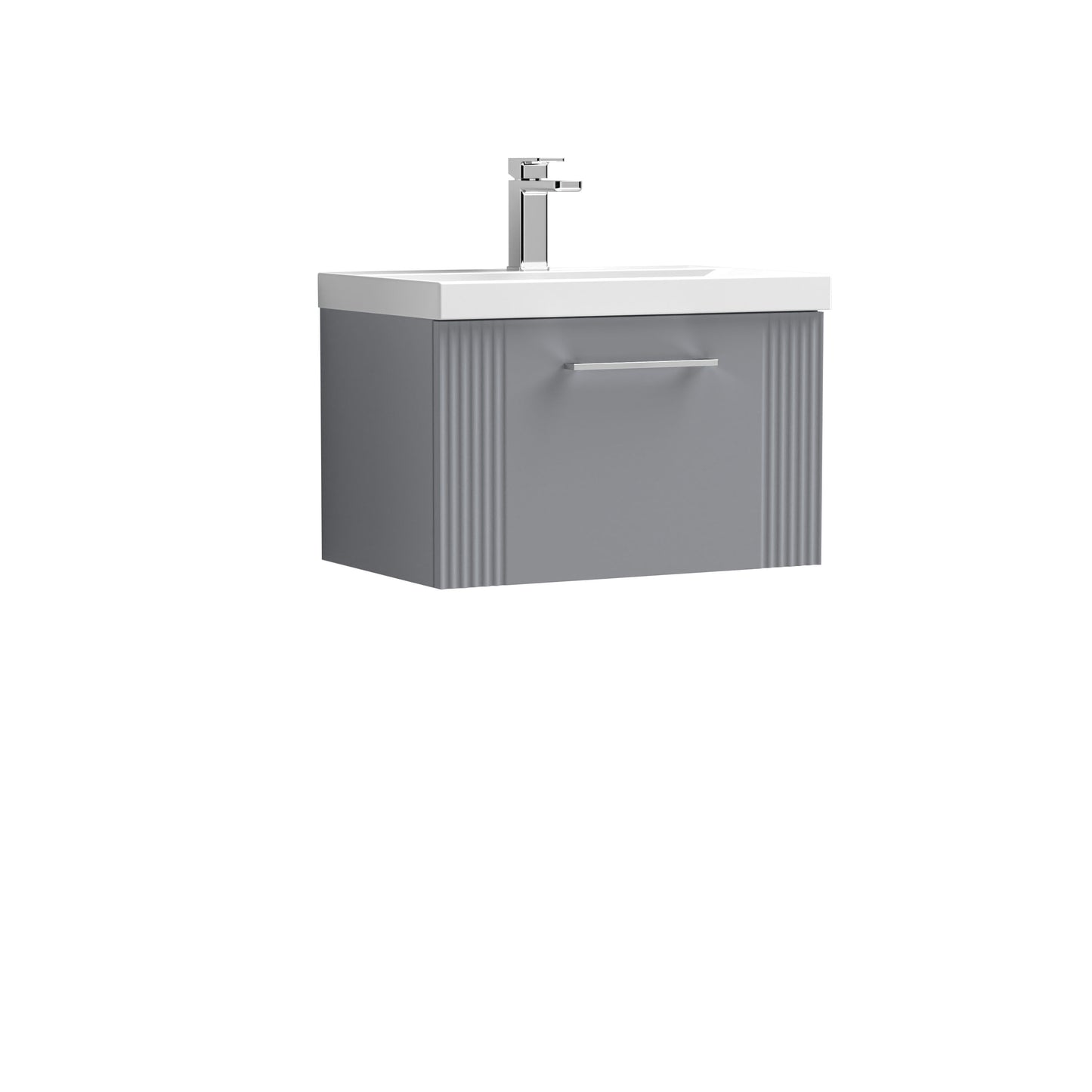 Nuie Deco 600mm Satin Grey Wall Hung Single Drawer Vanity Unit With White Ceramic Basin & Chrome Handle